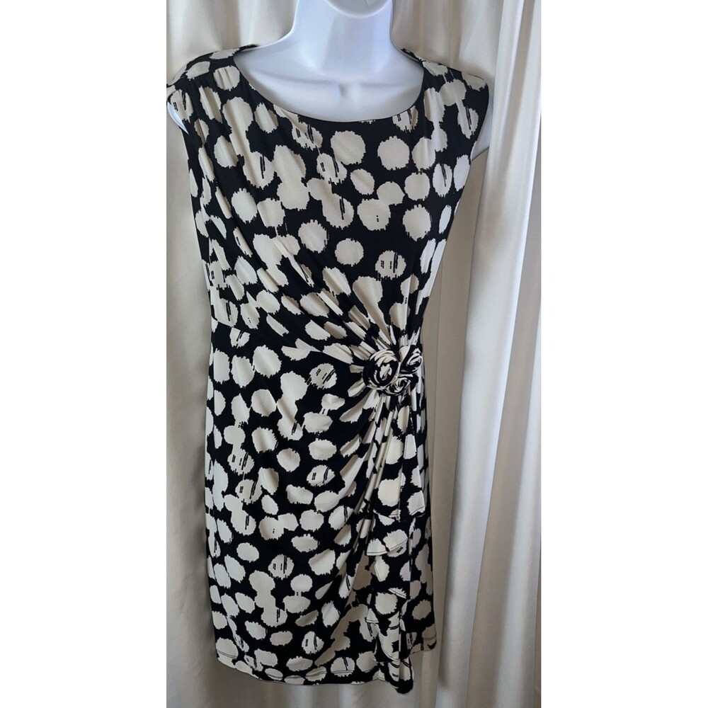 Jones New York Women’s Petite Crunched Waist Black & Ivoriy Polka Dot Dress 2P